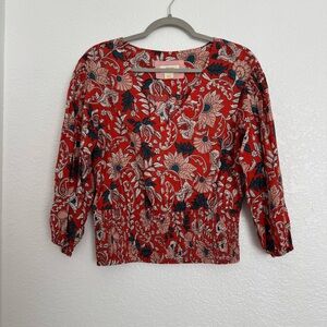 Maeve Anthropologie Red Floral Smocked Waist Puff Sleeve Blouse